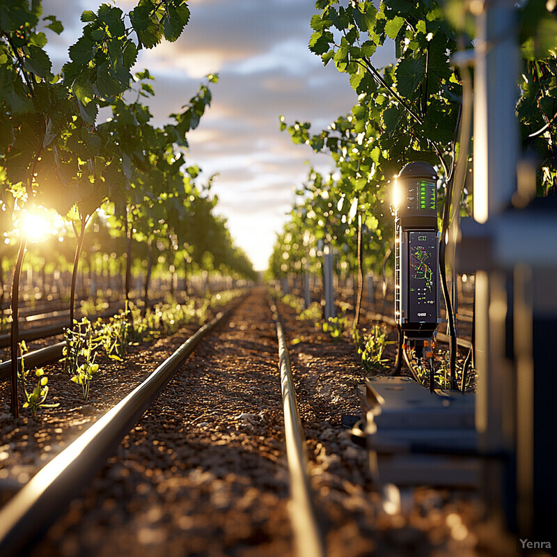 A vineyard or orchard with young grapevines or fruit trees growing in rows.