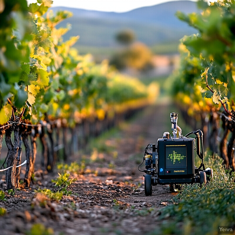 A vineyard with rows of healthy grapevines and a small device used for monitoring or maintenance.