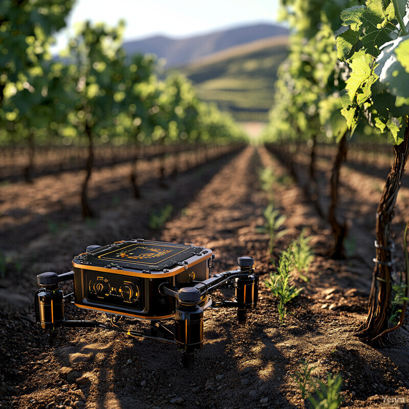 A small black and yellow robot or drone is situated in a vineyard.