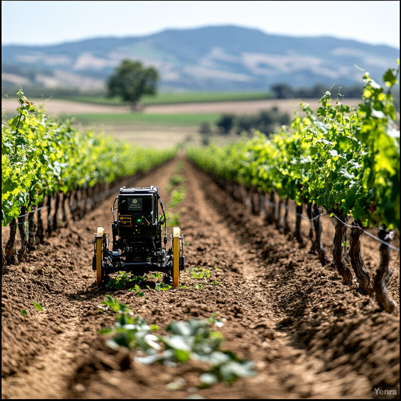 A vineyard with a small black machine in the foreground, possibly used for weed control or crop management.