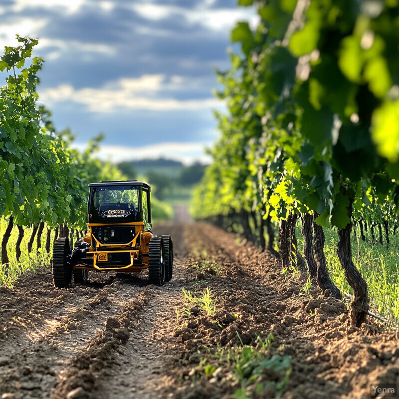 A vineyard with rows of grapevines and a yellow tractor in the foreground.