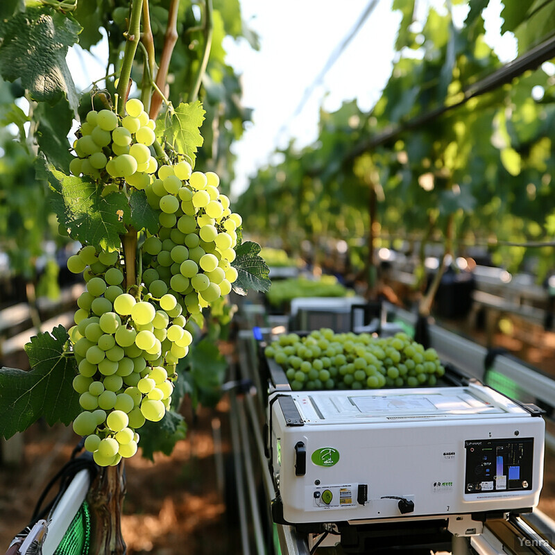 A vineyard with well-maintained grapevines and a large white building in the background.