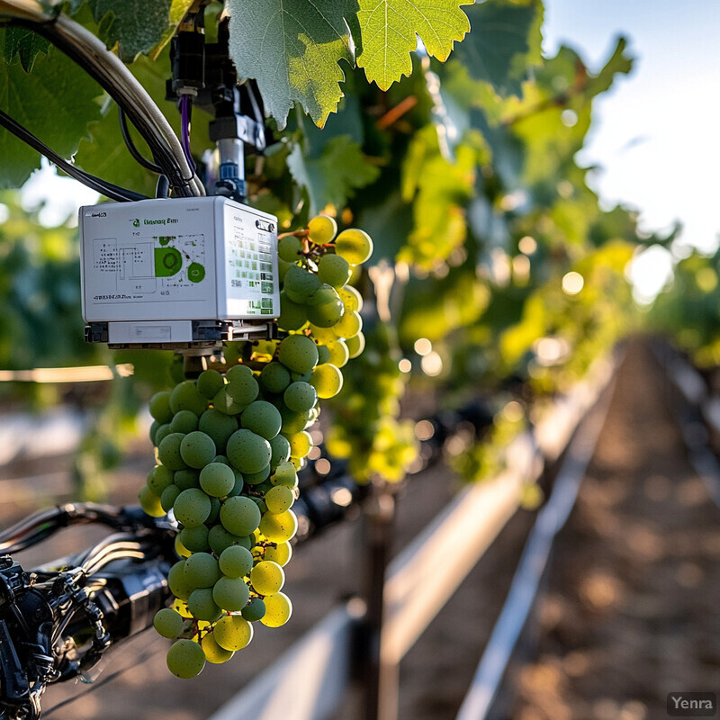 A vineyard with a white monitoring device attached to one of the grapevines.