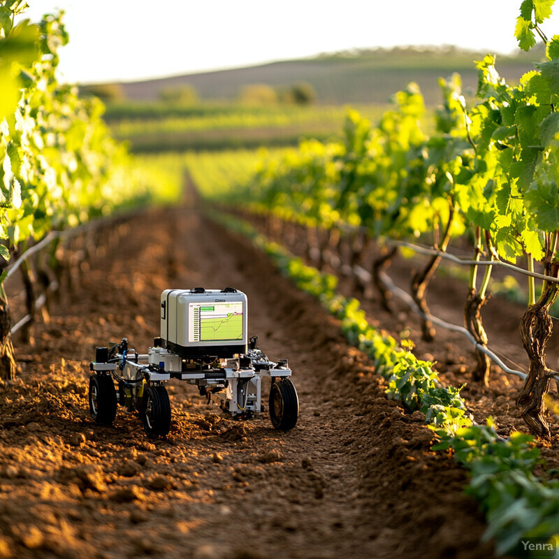 A robot is seen navigating through rows of grapevines in a vineyard.