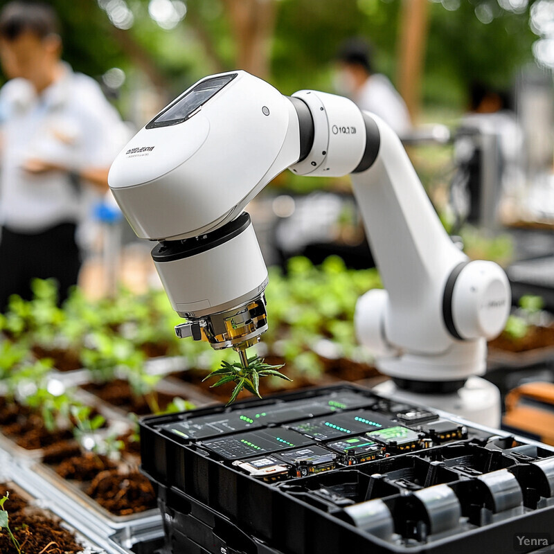 A robotic arm with a white and black body is holding a small green plant in its mechanical hand over a tray of soil and plants.