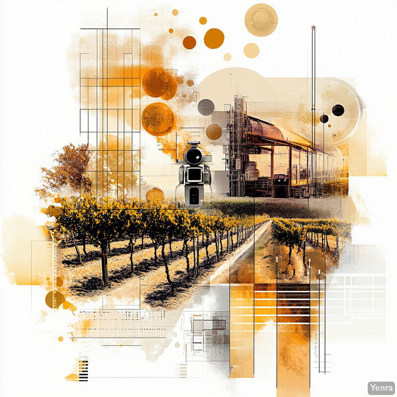 An abstract collage of industrial and natural elements in orange and yellow hues.