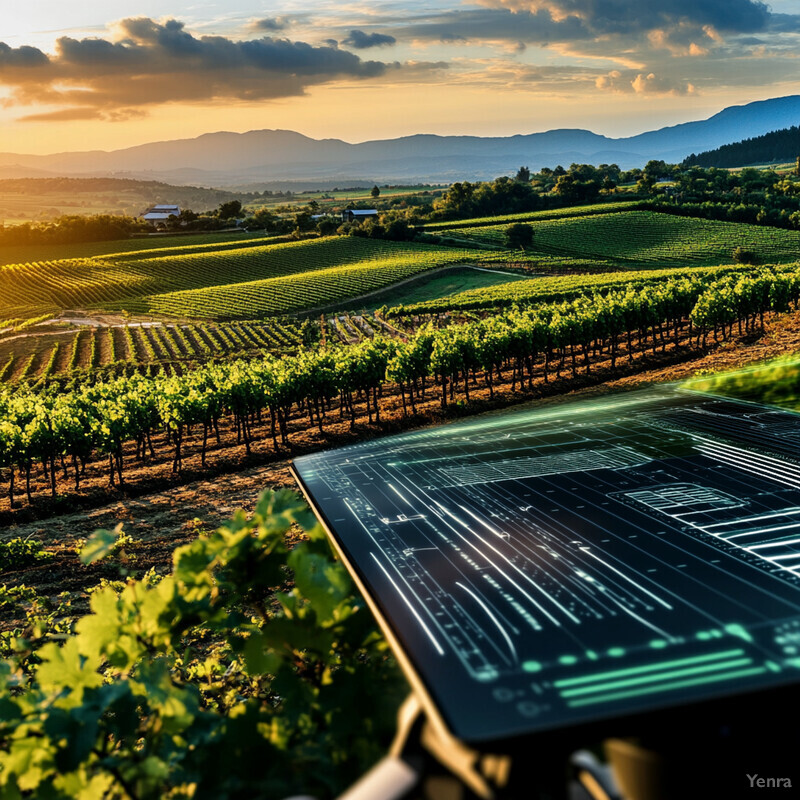 A serene vineyard landscape with rolling hills and rows of grapevines stretching towards the horizon.