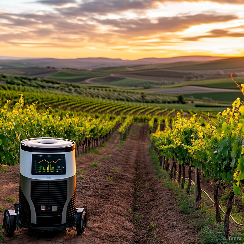 A serene vineyard scene at sunset or sunrise, with a machine visible in the foreground.