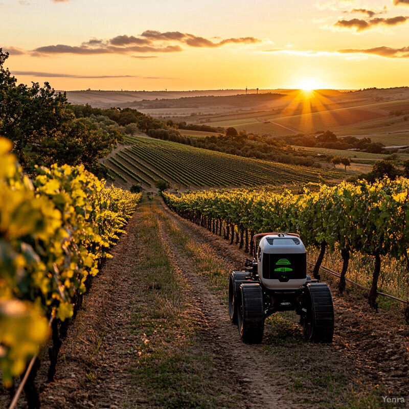 A vineyard at sunset or sunrise, with a small white robot driving down one of the rows.