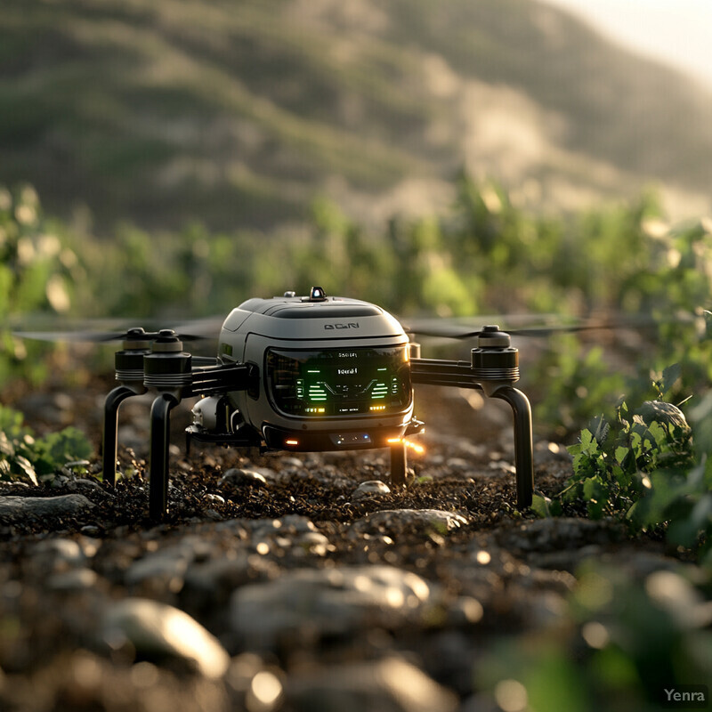 A drone is hovering over a rocky terrain in an outdoor setting, possibly used for surveying or mapping purposes.