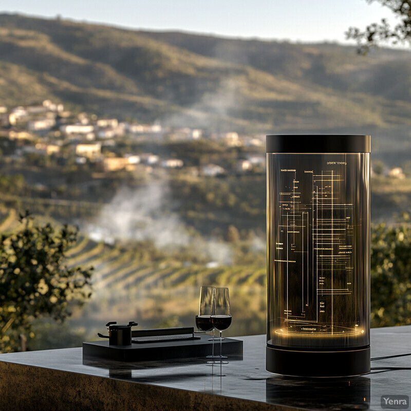 An outdoor setting with a glass cylinder containing a grid pattern and lights, accompanied by two glasses of red wine.