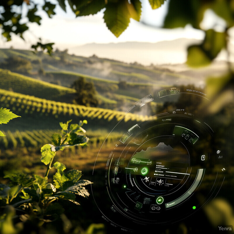 A vineyard with a circular graphic overlaying it, showing rows of grapevines and leaves in the foreground.