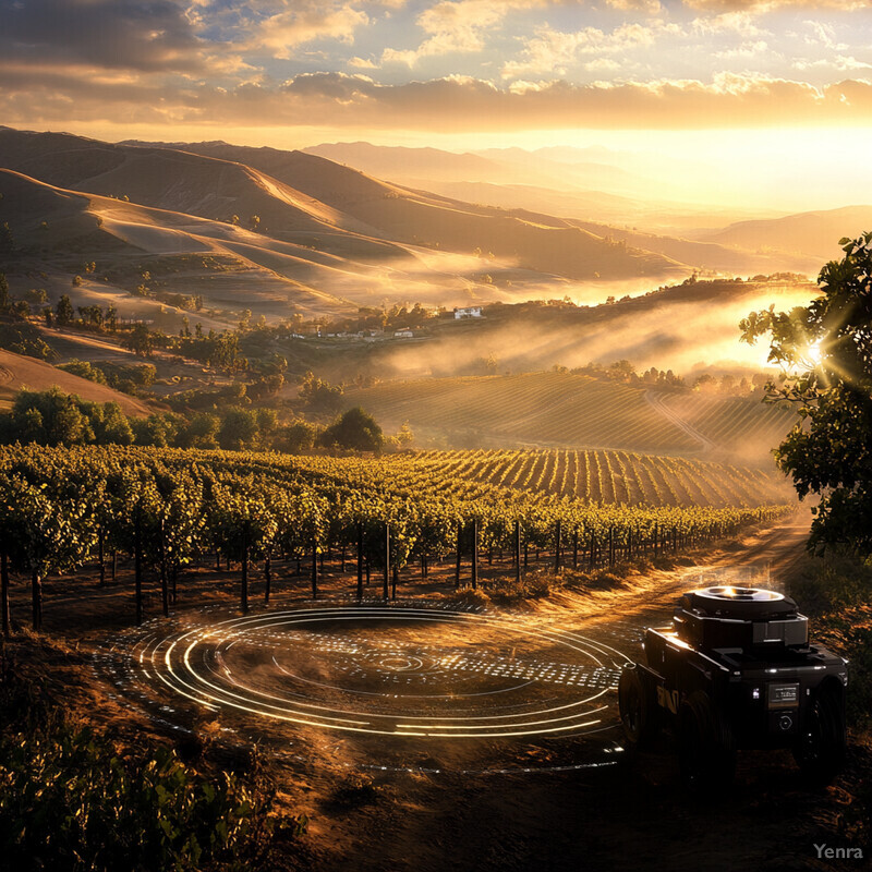 A serene landscape of vineyards under an open sky at sunset.