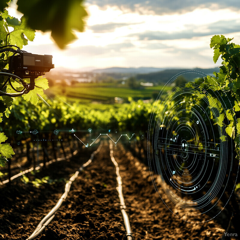 A vineyard with rows of grapevines and a machine in the foreground.