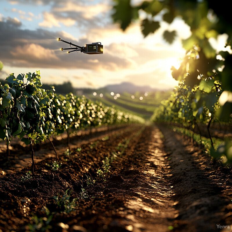 A drone flies over a vineyard at sunset.