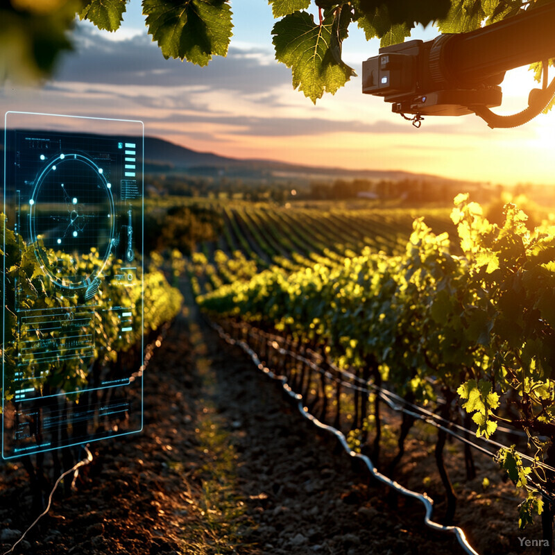 A serene vineyard scene at sunset with a camera mounted on a tree branch.