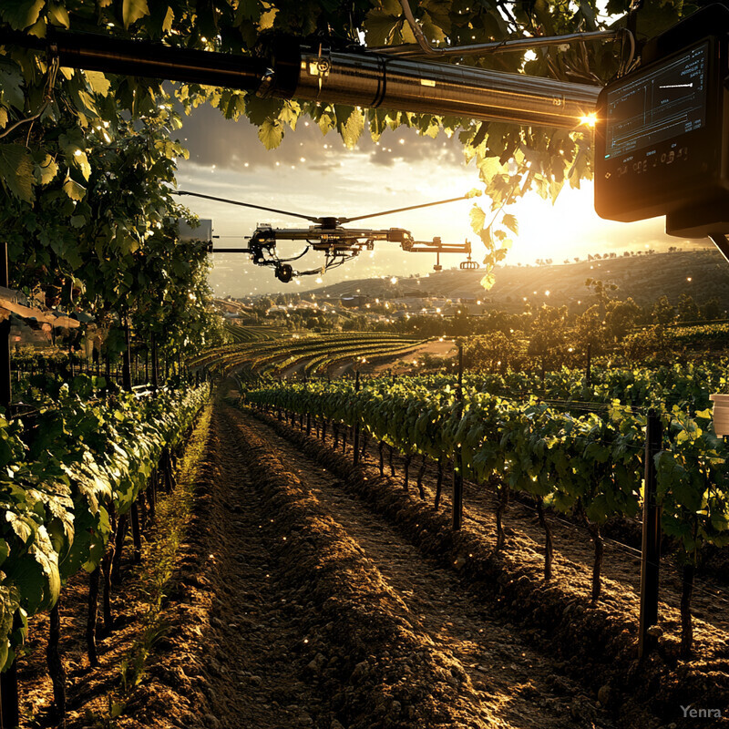 A camera is mounted on a tripod or dolly in a vineyard at sunset.