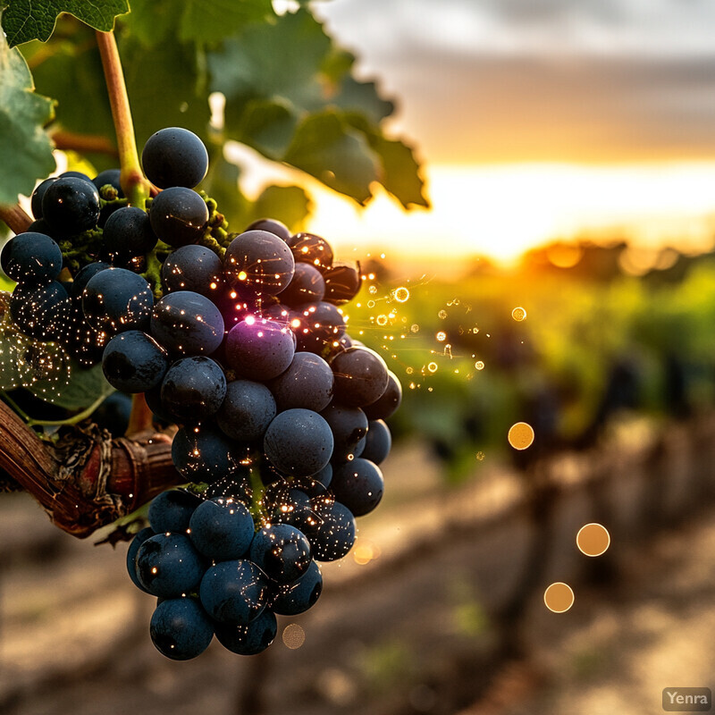 A vineyard at sunset, with rows of grapevines and a cluster of ripe grapes.