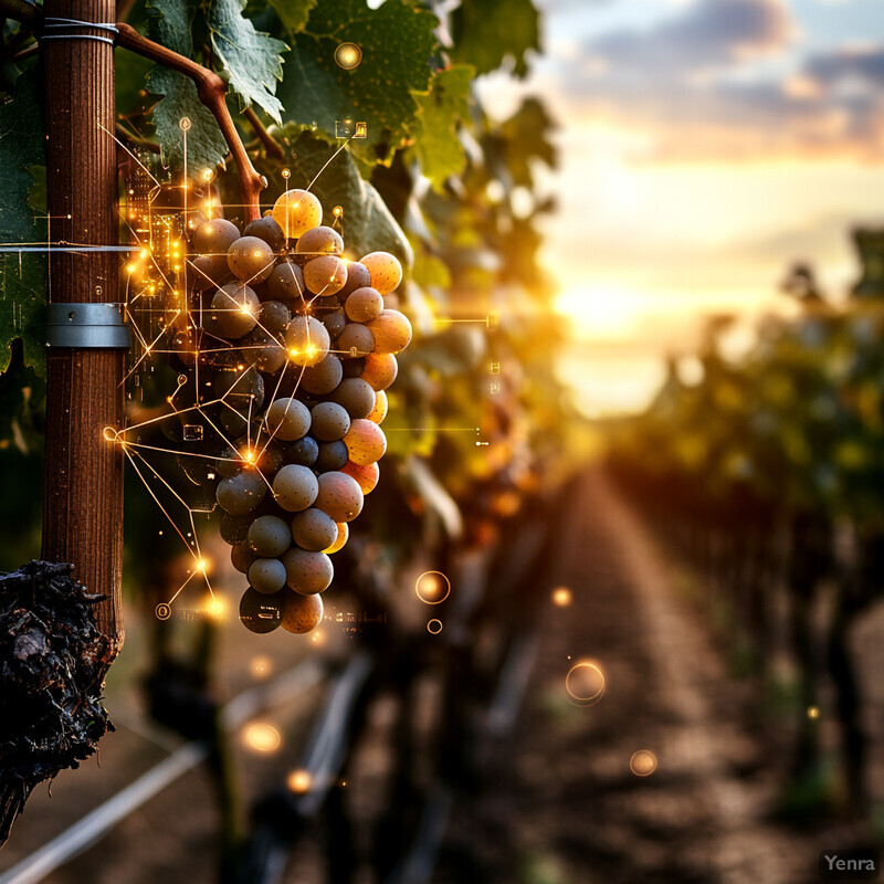 A serene image of a vineyard at sunset.