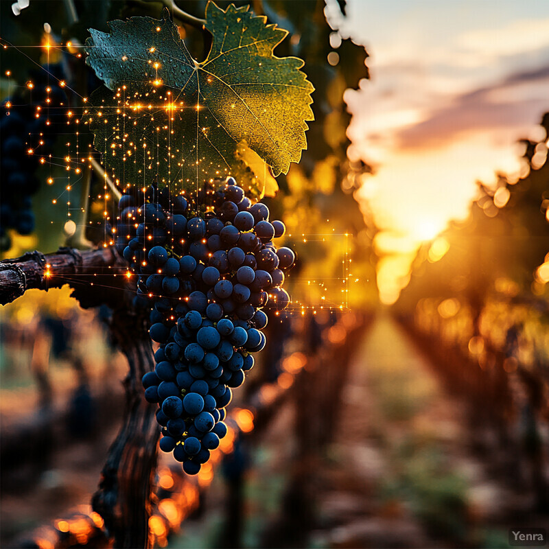 A serene and abundant image of a vineyard at sunset.