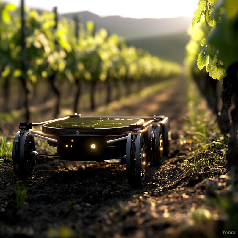 A futuristic agricultural drone designed for pest detection and targeted intervention in vineyards.