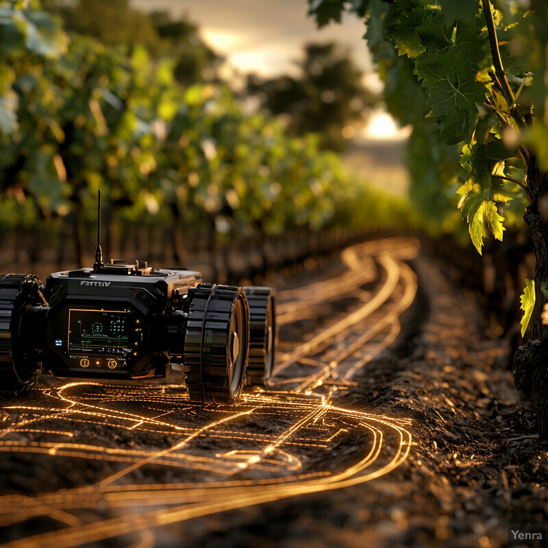 A small black robot with a screen on its front is navigating through rows of grapevines in a vineyard.