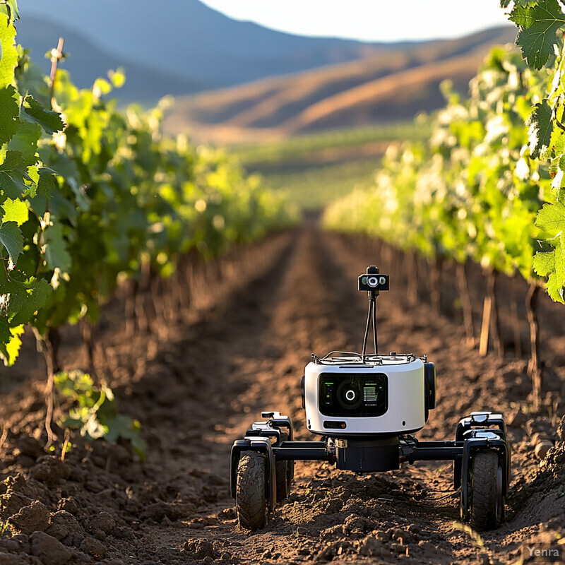 A small robot is being used in a vineyard for pest detection and targeted intervention.