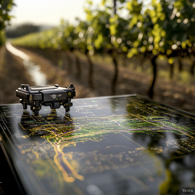 A drone hovers above a map or blueprint in an outdoor setting, showcasing its precision irrigation scheduling capabilities.