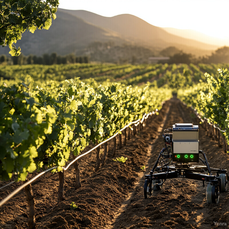 A vineyard with rows of grapevines and a machine used for irrigation or harvesting.