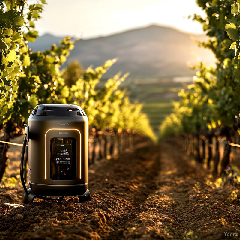 A vineyard with rows of lush green vines and a precision irrigation machine in the foreground.