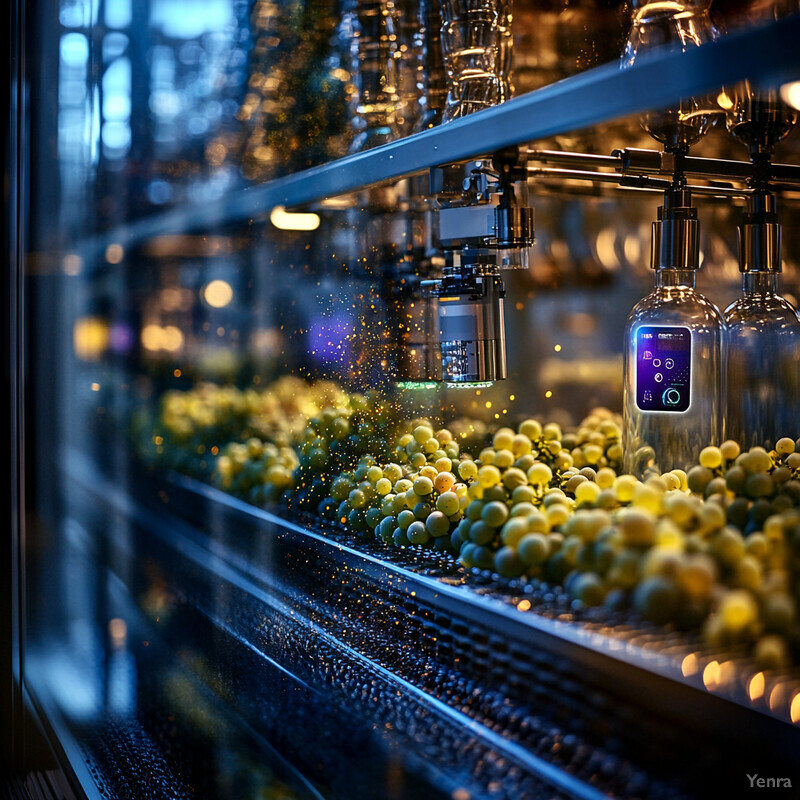 A machine sorts and selects grapes in a factory setting.