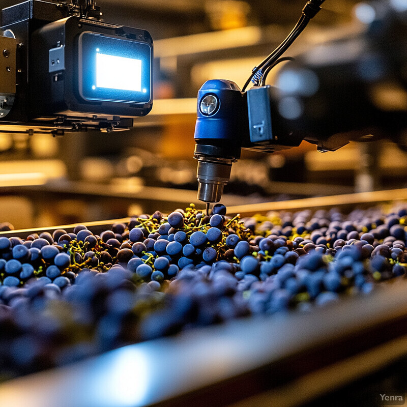 A machine sorts and selects grapes in a warehouse setting using a camera mounted on a robotic arm.