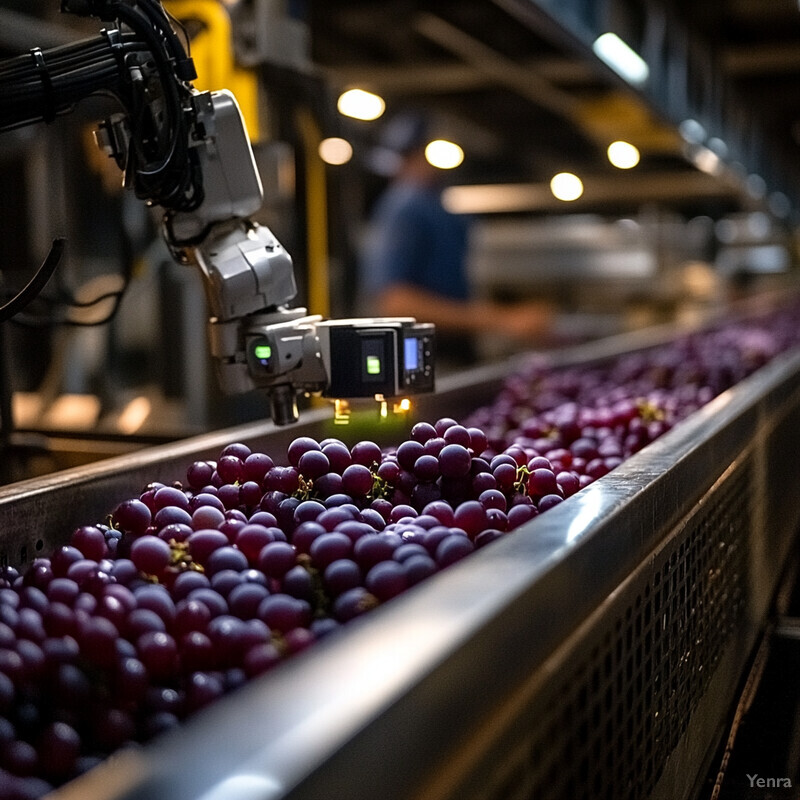 A machine sorts and selects grapes in a factory setting.