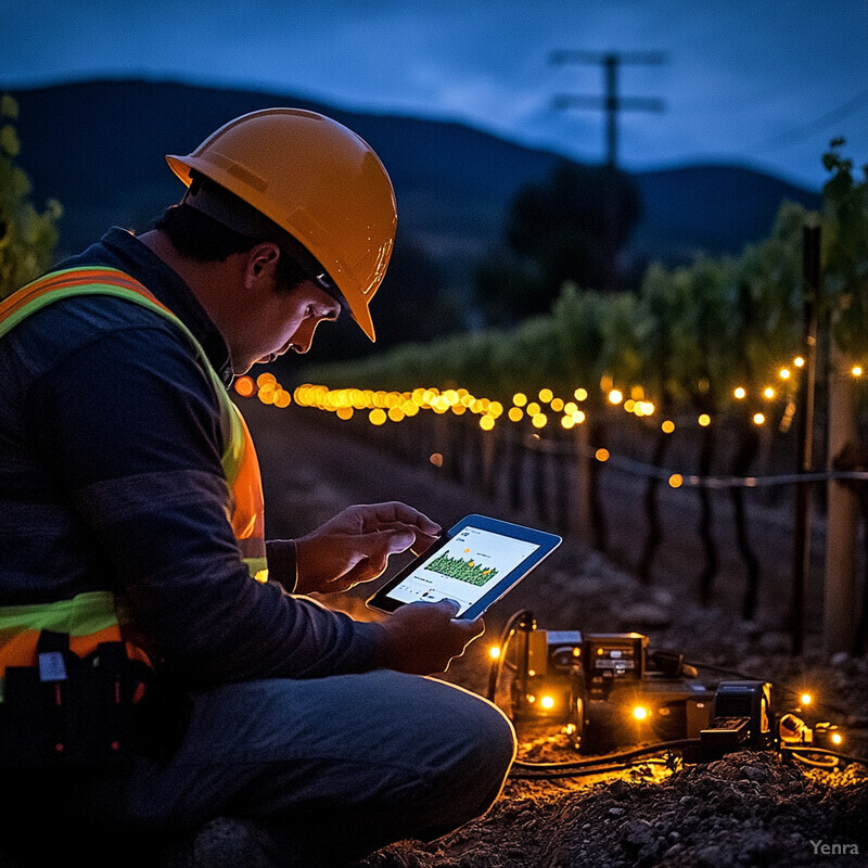 A man in a hard hat and safety vest is intently focused on his tablet while sitting on the ground outdoors.