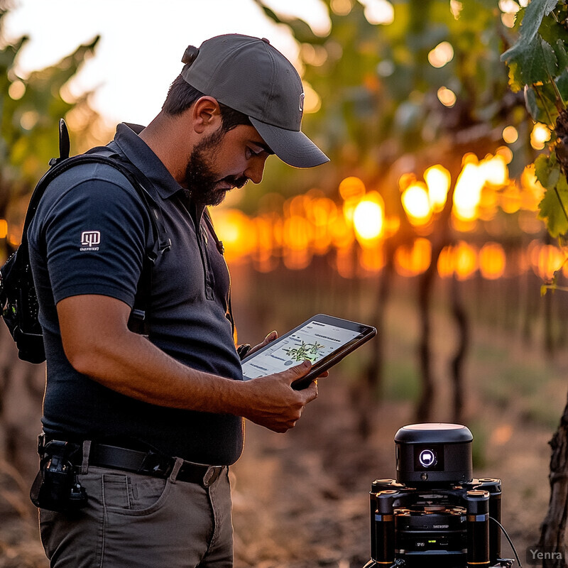 A man is seen holding a tablet and standing next to a black machine in an outdoor setting surrounded by trees.