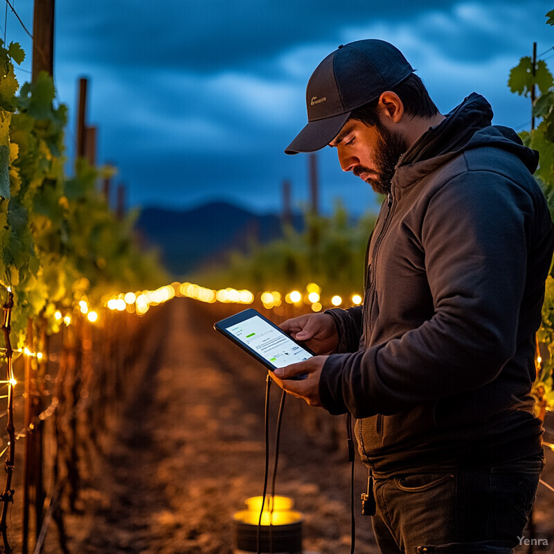 A man stands in a vineyard, intently examining his phone with a serious expression.