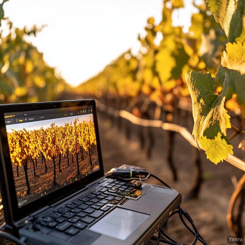 A laptop is placed between rows of grapevines in an outdoor vineyard during autumn.