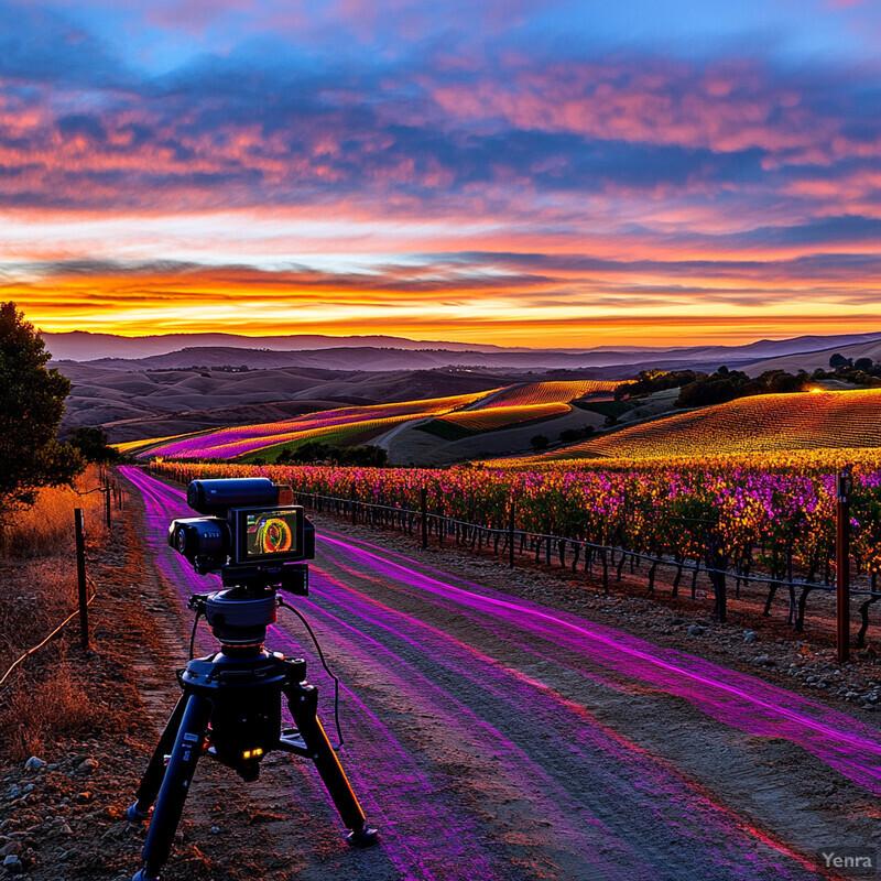 A camera captures a stunning sunset scene in an outdoor setting.