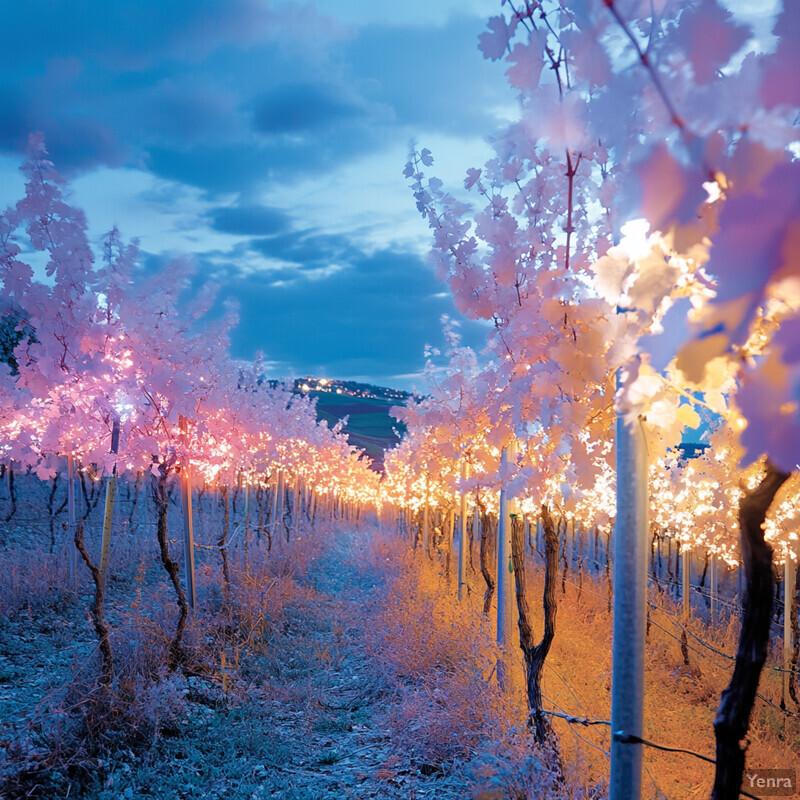 A vineyard with pink and orange lights illuminating the grapevines under a cloudy sky.