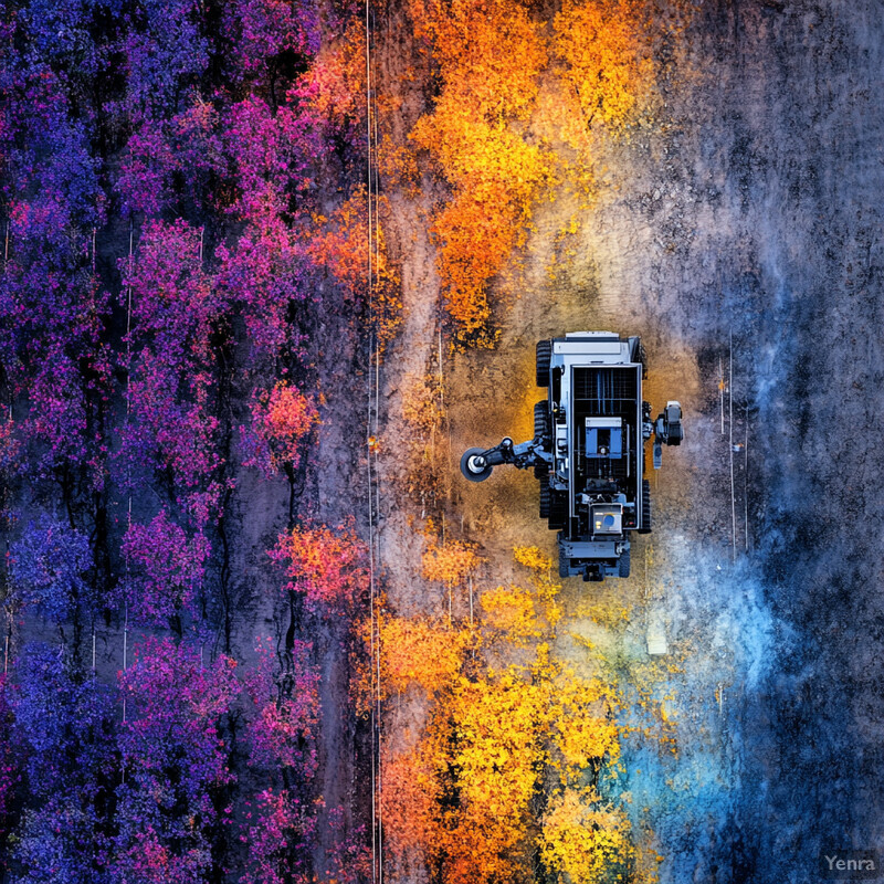 A tractor drives along a road surrounded by trees with vibrant foliage.