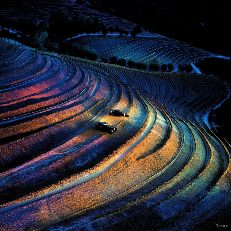 A vineyard mapping and zoning landscape with rolling hills and rows of grapevines.