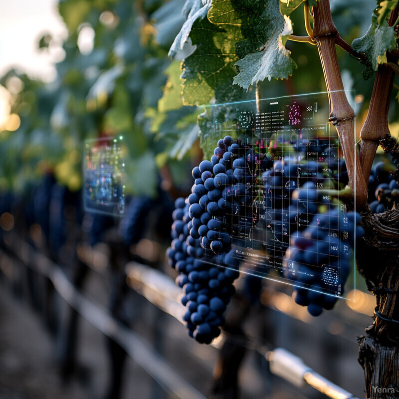 A vineyard with rows of grapevines laden with purple grapes.