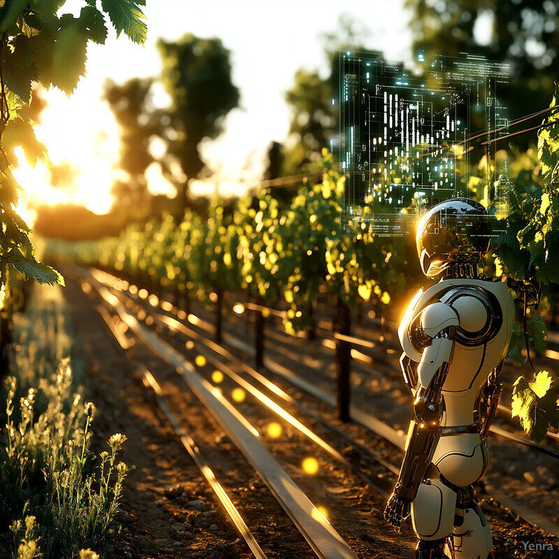 A humanoid robot stands in a vineyard, surrounded by rows of grapevines, as the sun sets over the rolling hills.