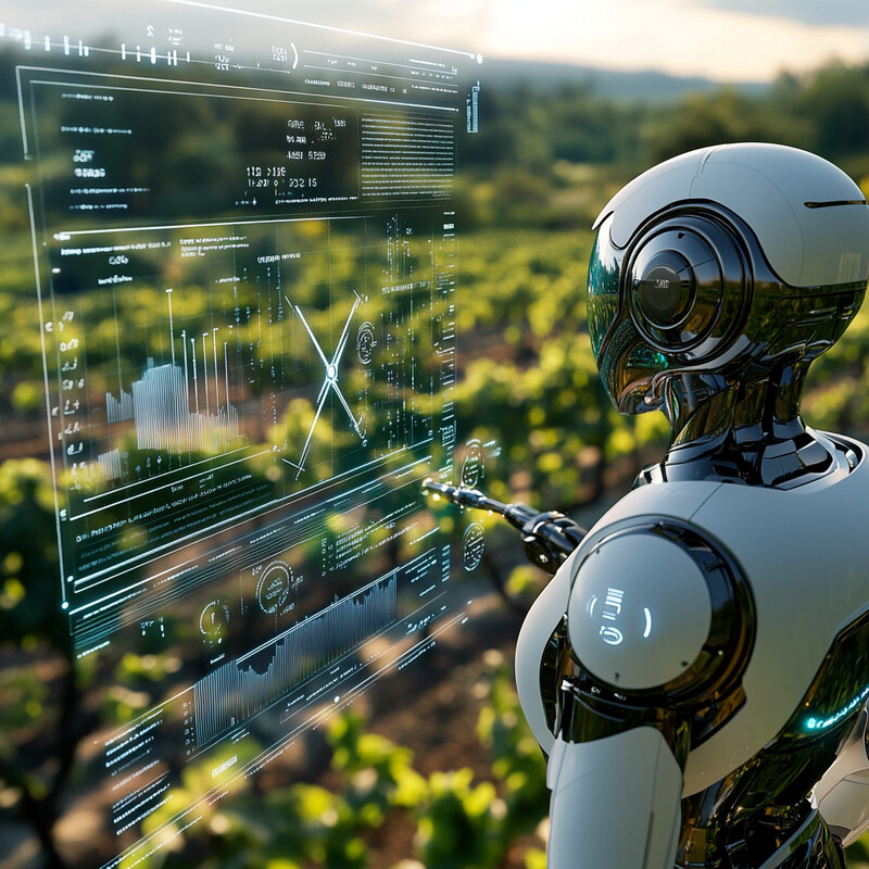 A robot stands in a field, analyzing data on a screen.