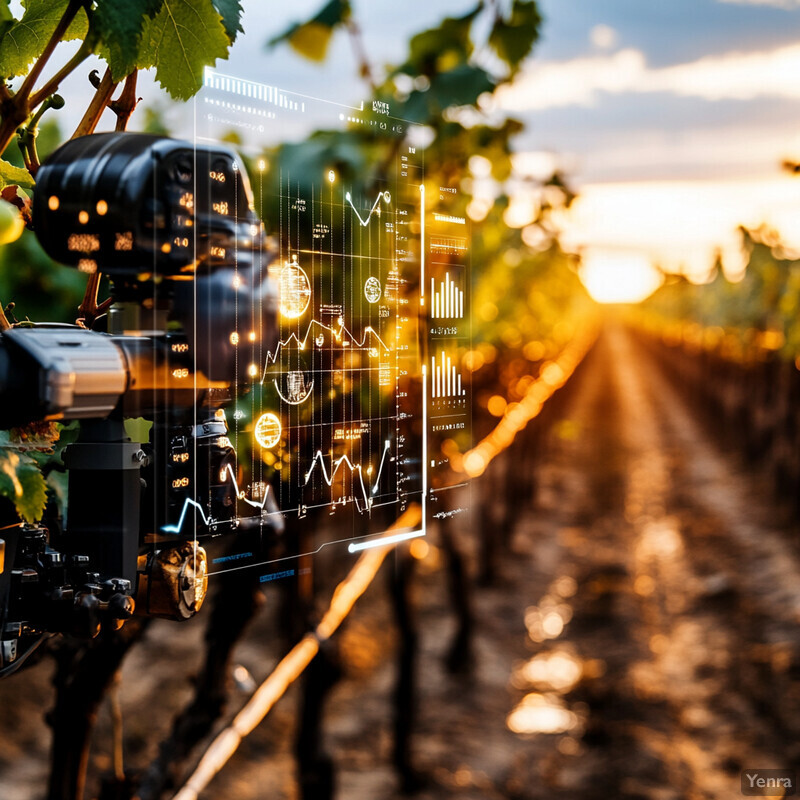 A camera is mounted on a tripod in a vineyard, capturing rows of grapevines and the surrounding landscape.