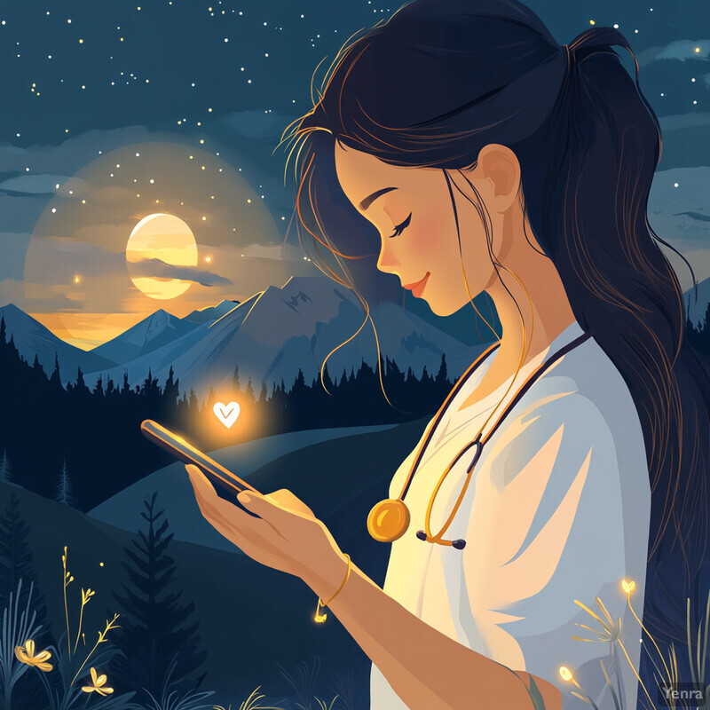 A young woman with long brown hair in a ponytail wearing a white shirt and stethoscope around her neck is gazing at her phone as it displays an orange circle with a heart inside, set against a serene backdrop of hills and trees.