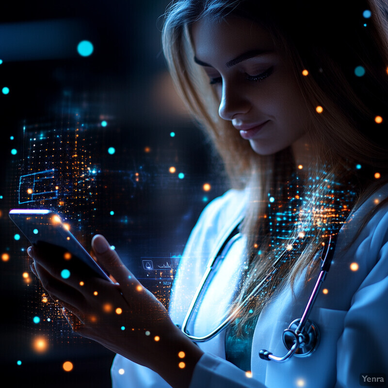 A doctor or nurse reviewing patient data on her smartphone in a hospital setting.