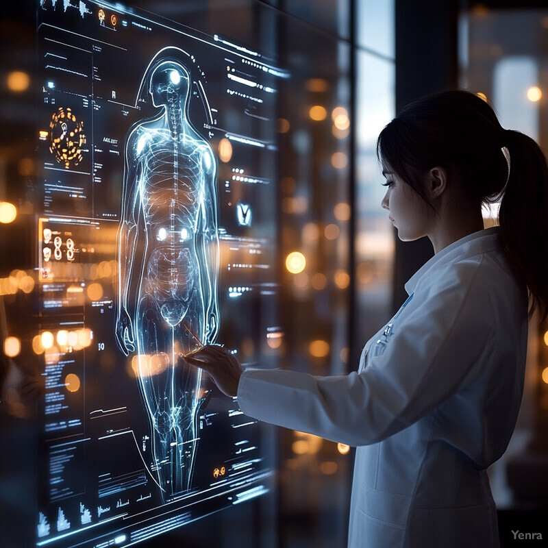 A woman in a white lab coat examines an X-ray of a human skeleton on a large screen.