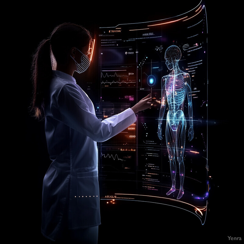 A woman in a white lab coat is analyzing a patient's symptoms on a large screen.