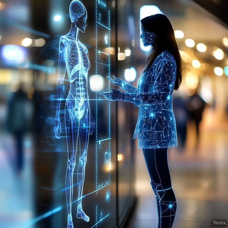 A woman stands in front of a display screen showing an X-ray-like image of her body.